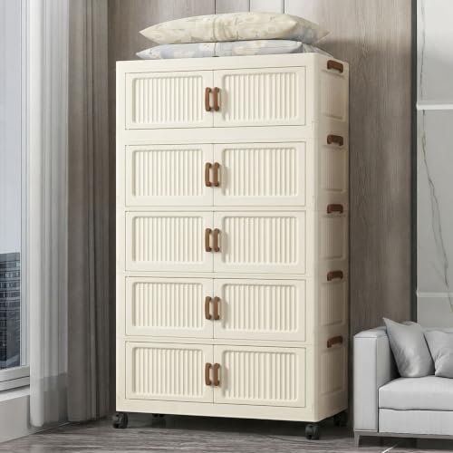 581QT Modular Stackable Storage Cabinet, Rolling Lidded Storage Containers with Wheels, Collapsible Drawer Storage Bins for Clothes, Toys, Bedroom, Dorm Room Organization, Cream White（5 Pack） - size: 5 Pack 36 L x 15 W x 69 H