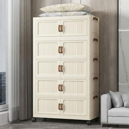 581QT Modular Stackable Storage Cabinet, Rolling Lidded Storage Containers with Wheels, Collapsible Drawer Storage Bins for Clothes, Toys, Bedroom, Dorm Room Organization, Cream White（5 Pack） - size: 5 Pack 36 L x 15 W x 69 H
