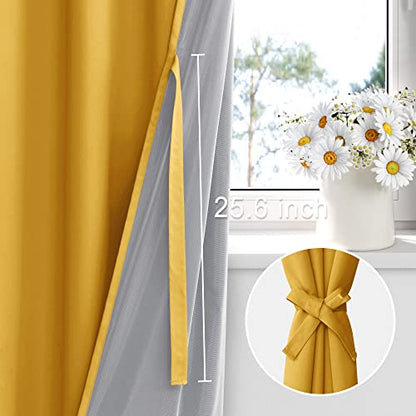 XWZO 100% Blackout Curtains 45 Inches Long with Tiebacks- Soundproof & Energy Efficiency Window Draperies Grommet Top with Black Liner for Bedroom/Living Room, Yellow, W38 x L45, Set of 2 - color: Yellow, size: 38"W x 45"L (Pack of 2)
