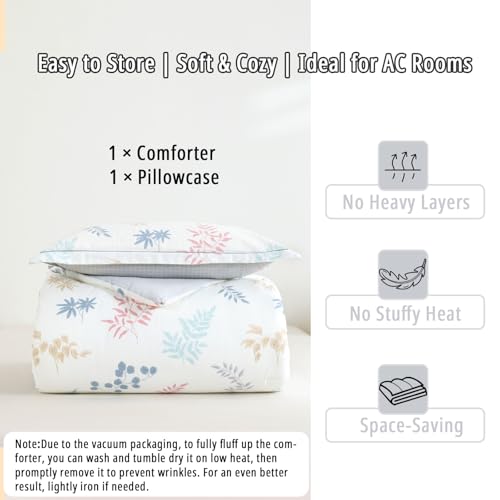 LEMIROE White & Gray Whimsical Botanical Cotton Comforter Set Twin Size 2PC | Pastel Leaf Print & Light Gray Grid Reversible Design, Lightweight, Cotton Shell, Down Alternative Fill, 1 Pillow Sham - color: Botanical Serenity - White & Gray Grid, size: Twi