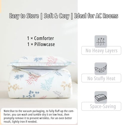 LEMIROE White & Gray Whimsical Botanical Cotton Comforter Set Twin Size 2PC | Pastel Leaf Print & Light Gray Grid Reversible Design, Lightweight, Cotton Shell, Down Alternative Fill, 1 Pillow Sham - color: Botanical Serenity - White & Gray Grid, size: Twi