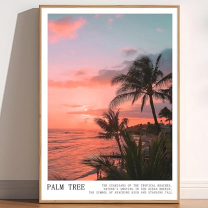 Pink Palm Tree Wall Art Trendy Summer Prints Landscape Coastal Painting Pink Sky Poster Sunrise Sunset Picture Beach Scenery Poster Coconut Tree Painting Tropical Plant Artwork Room 16x24in Frameless - color: C6Unframed