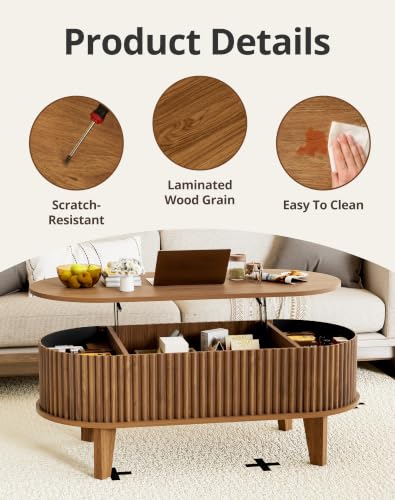 Oval Lift Top Coffee Table with Storage, 41" Wood Fluted Modern Living Room Center Table for Home Office, Walnut - color: Walnut