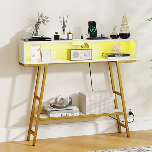 GIANTEX Modern Console Table with Charging Station & LED Lights | 40" Entryway Table with Storage Shelves, 3-Tier Display Shelf for Small Space, Sofa Table for Living Room, White & Gold - color: White + Gold