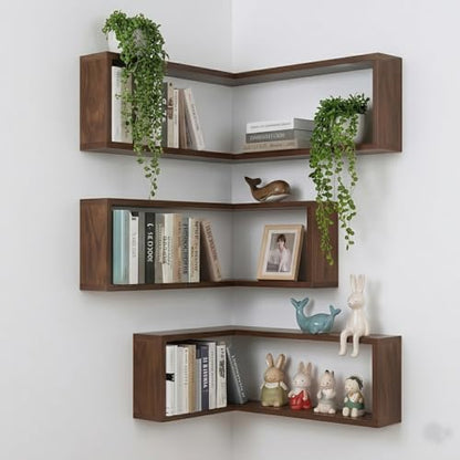Floating Corner Shelves Set of Three Wall Mounted Wood Storage Display Rack Space Saving Organizer for Bedroom Living Room Kitchen(Includes LEDs) (2)