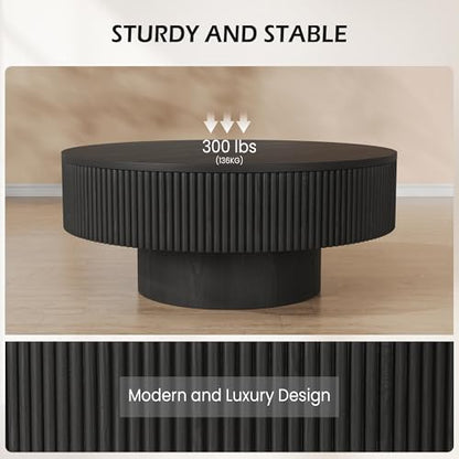 YOUDENOVA 35” Round Fluted Coffee Table, Modern Wood Circle Coffee Table, Veneer Handcrafted Relief Tea Table with Sturdy Pedestal for Living Room - Black - color: 35" Black-round