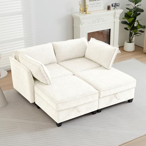 Small Sectional Couch with Storage, Modular Sectional Loveseat Sofa and 2 Ottomans for Home Living Room, Mini Lounge Sofa Couch Sectional for Bedroom, Office - Cloud Couch/Beige Couch - color: Beige, size: Loveseat+2 Ottomans+2 Armrests