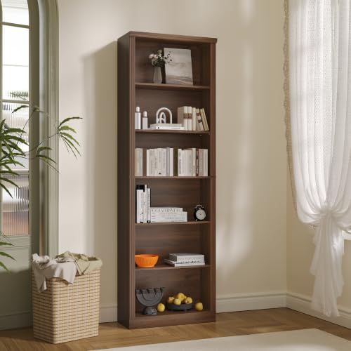 Thacuok 75" Tall Bookshelf & Bookcase, 6-Tier Adjustable Storage Shelves, Book Shelf with Anti-Tipping Device, Floor Standing Modern Display Rack for Living Room, Bedroom, Office, Walnut - color: Walnut