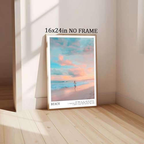 Pink and Blue Coastal Wall Art Cute Preppy Summer Pictures Aesthetic Summer Posters Trendy Beach Pictures Blue Ocean Painting Coastal Cowgirl Artwork Beach Wave Picture for Home Room 16x24in Frameless - color: C2Unframed