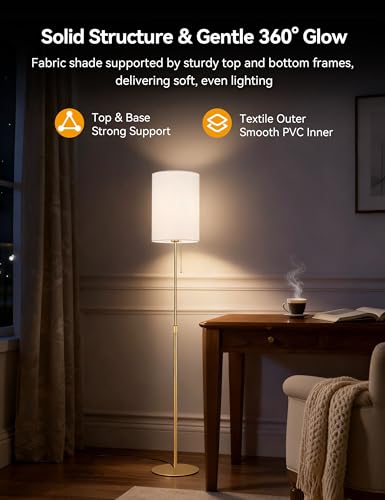 Tubicen Gold Floor Lamp with Pull Chain Fabric Dimmable Corner Tall Lamp | Modern Slim Narrow Standing Lamp 61"H Tall Adjustable Floor Lamp for Living Room Bedroom Office Dining Room, Space-Saving