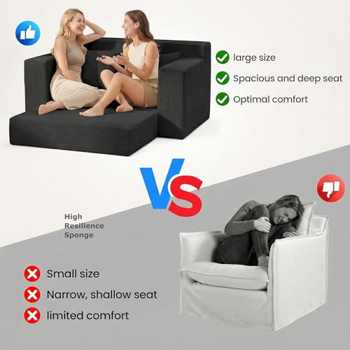Convertible Sofa Bed, 5 in 1 Small Boneless Couch Pull Out Loveseat Sleeper Sofa,Corduroy Futon Couch Folding Mattress with 4 Pillows for Living Room (Black01, Loveseat)