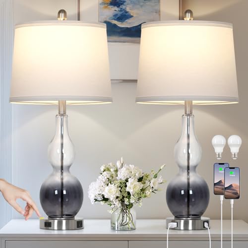 Rinweey 27.5" Gradual Gray Clear Glass Table Lamp Set of 2,3-Way Dimmable Touch Control Bedside Lamps with USB Ports and AC Outlet, Modern Nightstand Lamps for Bedroom Living Room - color: Gray