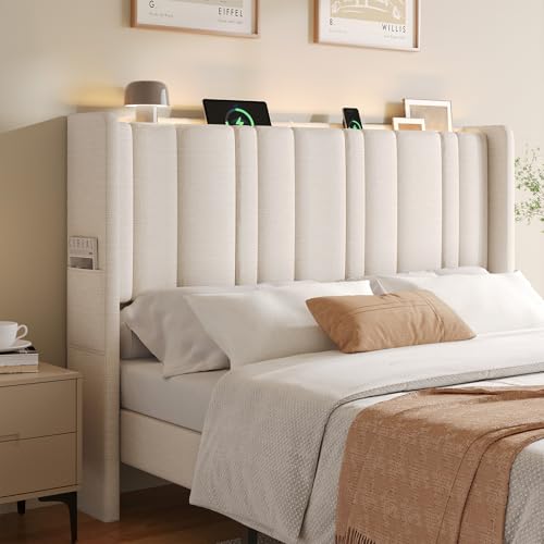 Queen Size Headboard with Storage, LED Light, Linen Vertical Wingback Headboard with Charging Station, Upholstered Head Board Queen w/High-Density Sponge Padding, 2 Storage Pockets, Off White | Linen Vertical Wingback Headboard w/ Charging Station, Uphols