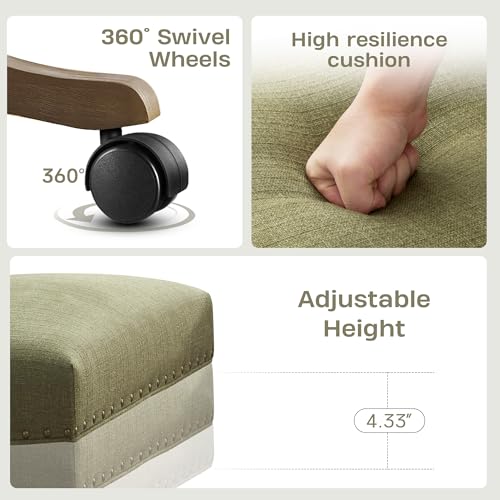 Upholstered Armless Office Chair Fabric Swivel Home Desk Chair with Wheels | Modern Comfy Boho Office Chair with Wooden Legs Adjustable Desk Chair no Arms for Sewing Women Farmhouse Study Studio Green - color: Green