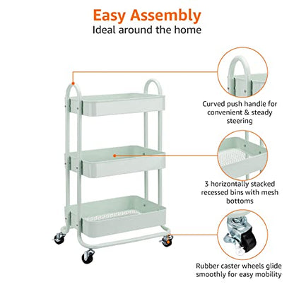 Amazon Basics 3-Tier Metal Rolling Utility Cart, Storage Organizer, Multi-Functional Kitchen Island Cart, Portable Shelving Unit with Caster Wheels, Mint Green - color: Mint Green