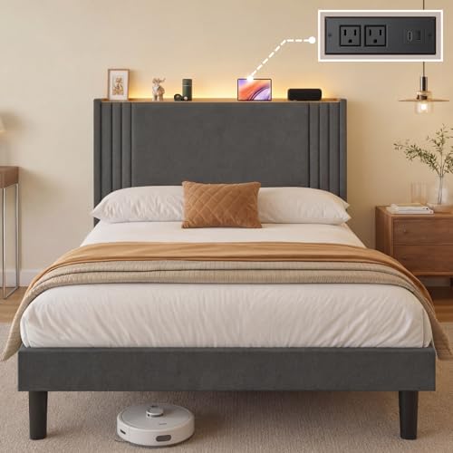 Gizoon Full Bed Frame with Charging Station and LED Lights | Upholstered Wingback Platform Bed with Padded Headboard,Wooden Slats,Noise-Free,No Box Spring Needed, Easy Assembly,Dark Grey - color: Dark Grey+led, size: Full