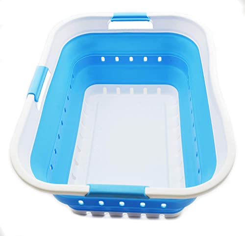 SAMMART 42L (11 gallon) Collapsible Plastic Laundry Basket - Foldable Pop Up Storage Container/Organizer - Space Saving Hamper/Basket (1, White/Marine Blue) - color: White/Marine Blue