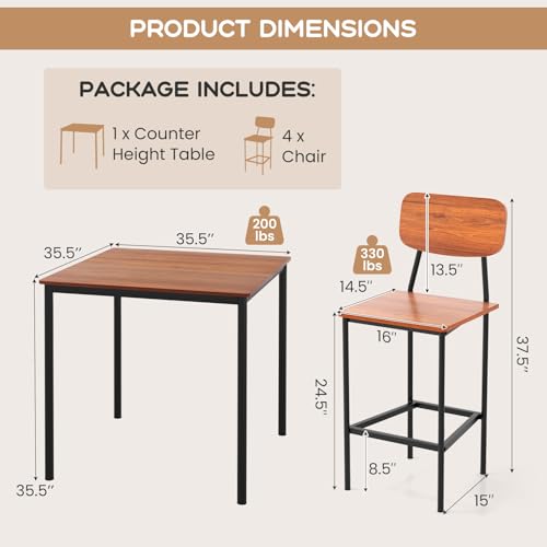 Giantex 5-Piece Dining Table Set W/Counter Height Table & 4 Bar Stools, Industrial Kitchen Dining Table Set W/Footrest & Backrest, Space-Saving Dinette Set for Pub, Dining Room, Restaurant (Walnut) - color: Walnut