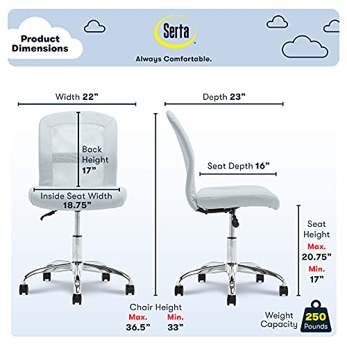 Serta Essential Armless Task Chair, Small Desk Chairs with Wheels, Breathable Mesh Back and Faux Leather, Quality Foam Cushion Seat for Comfort, Minimal Design for Vanity Table, Blue - color: Blue Sky
