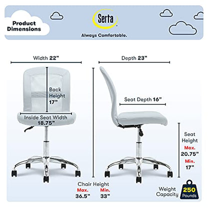 Serta Essential Armless Task Chair, Small Desk Chairs with Wheels, Breathable Mesh Back and Faux Leather, Quality Foam Cushion Seat for Comfort, Minimal Design for Vanity Table, Blue - color: Blue Sky