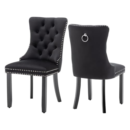 Virabit Velvet Dining Chairs, Tufted Upholstered Dining Chairs with Nailhead Back and Ring Pull Trim, Solid Wood Dining Chairs for Kitchen/Bedroom/Dining Room (Black, Set of 2) - color: Black, size: set of 2