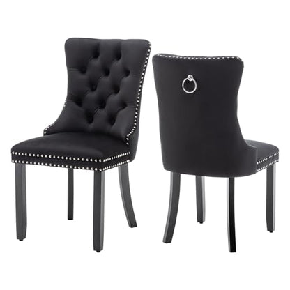 Virabit Velvet Dining Chairs, Tufted Upholstered Dining Chairs with Nailhead Back and Ring Pull Trim, Solid Wood Dining Chairs for Kitchen/Bedroom/Dining Room (Black, Set of 2) - color: Black, size: set of 2