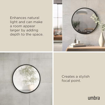 Umbra Hub Round Wall Mirror, Rubber Frame Bathroom Mirror, 24-Inch, Black