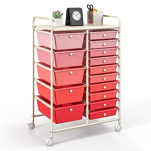 GOFLAME 15-Drawer Rolling Storage Cart, Craft Storage Cart with Removable Drawers & Lockable Wheels, Art Cart Supply Storage Organizer for Home Office Classroom, Pink Gradient - color: Pink Gradient, size: 15 drawer-25"x14.5"x34.5"