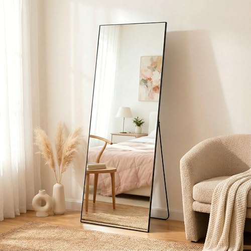 67"x30" Full Length Mirror with Stand, Black Metal Frame Floor Mirror, Hanging, Standing or Leaning Against Wall, Tempered Full Body Mirrors for Room Decor, Living Room, Bedroom - color: Rectangular-black, size: 67"L x 30"W