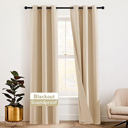 RYB HOME Thermal Insulated Soundproof Curtains, 3 Layers 100% Blackout | Noise Cancelling,Thermal Insulated,With Detachable Felt Liner,For Bedroom Theater Playroom,W42 x L84,Biscotti Beige,2 Panels - color: Biscotti Beige, size: 42"W x 84"L (Pack of 2)