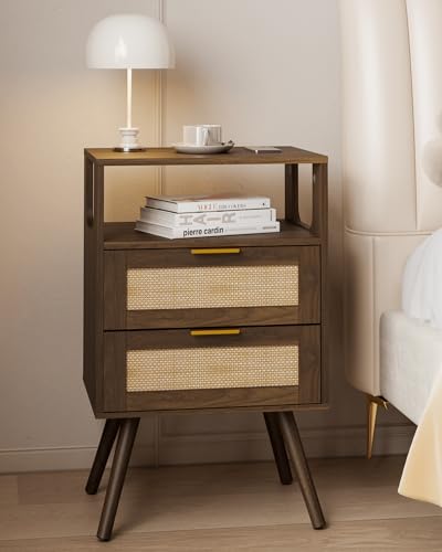 Rattan Nightstand,Farmhouse Bedside Table with 2 Storage Drawer and Open Wood Shelf, for Bedroom and Small Spaces,Night Stand with Solid Wood Legs (Walnut Brown) - color: Walnut Brown
