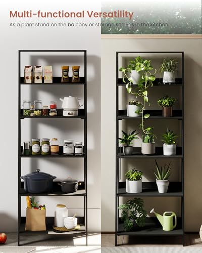 6-Tier Ladder Shelf, Wooden Bookshelf Bookcase, Freestanding Corner Storage Shelves for Living Room, Kitchen, Bedroom, Balcony, Black