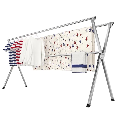 Clothes Drying Rack, Heavy-Duty Folding Laundry Drying Rack for Indoor Outdoor Use, 50.4-78.7" Extendable Stainless Steel, Space-Saving Design, Foldable Freestanding Airer