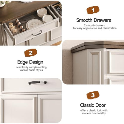 55" Sideboard Buffet Cabinet with 2 Storage Drawers & 4 Doors, Modern Kitchen Sideboards and Buffets with Adjustable Shelves, Wood Coffee Bar Cabinet for Living Room, Entryway, Off-White