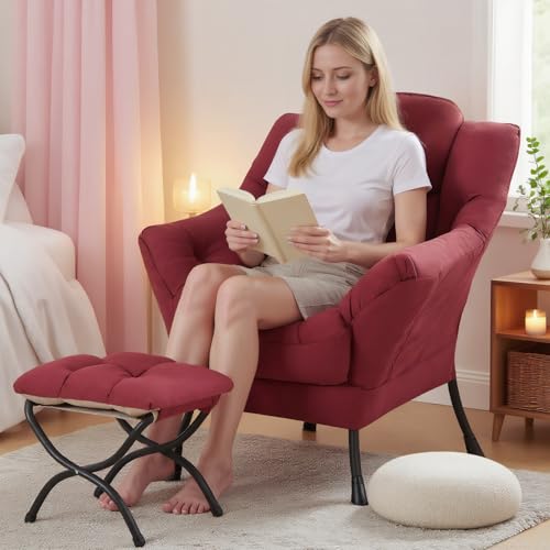 Lazy Chair with Ottoman, Comfy Reading Accent Chair, Burgundy | Foldable Footrest, Padded Seat and Backrest, Side Pocket for Lounging in Living Rooms, Bedrooms, Dorms and Small Spaces - color: Burgundy