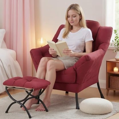 Lazy Chair with Ottoman, Comfy Reading Accent Chair, Burgundy | Foldable Footrest, Padded Seat and Backrest, Side Pocket for Lounging in Living Rooms, Bedrooms, Dorms and Small Spaces - color: Burgundy