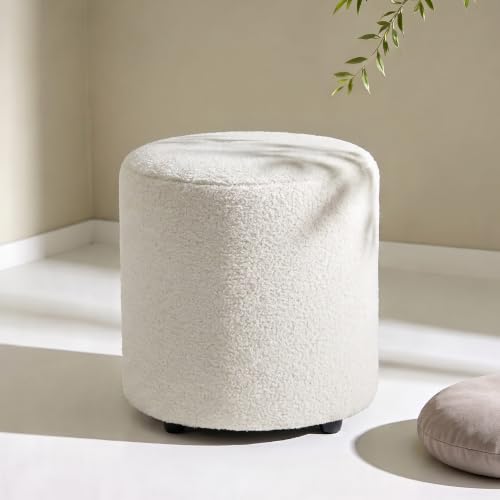 Modern Round Vanity Stool, Small Ottoman, Cute Fabric Foot Stool, Teddy Fleece Footrest, Upholstered Vanity Chair, Stool for Makeup, Bedroom, Living Room (2, Round-White) - color: Round-white