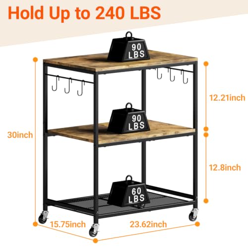 Microwave Stand with Storage, Rolling Bakers Rack, Kitchen Island Cart | 3 Tier, Lockable Wheels, 6 Hooks, 240LBS Load, Waterproof Wooden Board, Metal Frame, for Toaster, Coffee Makers, Ovens