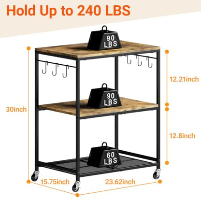Microwave Stand with Storage, Rolling Bakers Rack, Kitchen Island Cart | 3 Tier, Lockable Wheels, 6 Hooks, 240LBS Load, Waterproof Wooden Board, Metal Frame, for Toaster, Coffee Makers, Ovens