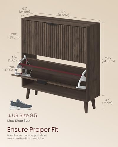 VASAGLE MAXE Collection - Shoe Storage Cabinet with 2 Flip Drawers, Freestanding Narrow Shoe Rack Organizer for Entryway, Fluted Doors, Fits 12-16 Pairs, Mid Century Modern, Walnut Brown UHSC202KF02S | Freestanding Shoe Rack Organizer, Fluted Doors, Mid C