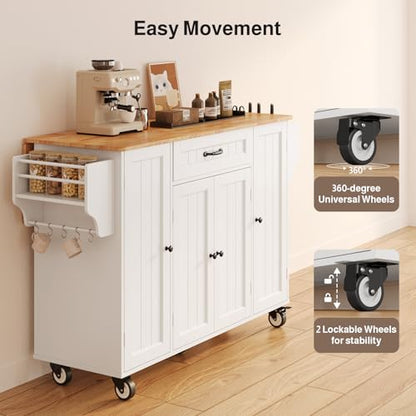 47.6" Kitchen Island with Storage, Drop Leaf, Knife Holder, White | Kitchen Island on Wheels with Door Cabinet, Drawer, Spice Rack, Towel Rack, and Knife Holder for Kitchen Storage - size: 47.6 Inch-White