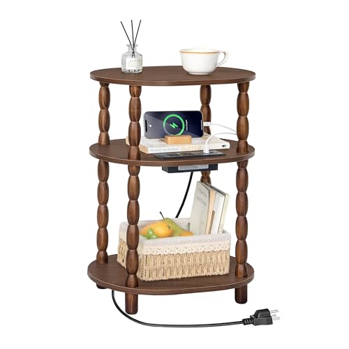 MaxSmeo Small Side Table with Charging Station, 3-Tier Small End Table with USB Ports and Outlets, Modern Oval Night Stand Accent Table for Living Room, Bedroom, Walnut Brown - color: Walnut Brown Charging Station