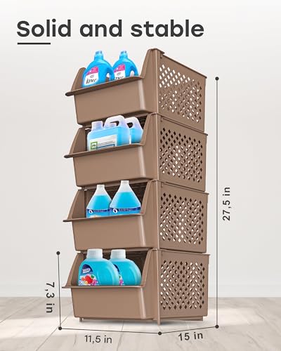 TidyFriend Plastic Stackable Storage Bins for Pantry, 4 Pack Stackable Bins For Organizing Food, Kitchen, and Bathroom Essentials (Brown) | Sturdy Plastic, Easy Stacking, Open Front Access, Ventilated Sides, Vertical & Space Saving Pantry Organizers and S