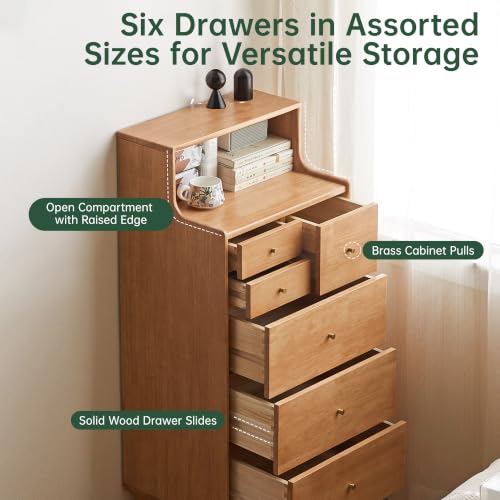 100% Solid Wood Nightstand, 6 Drawer Natural Side Table with Open Shelve, Tall Nightstand for Small Spaces, Living Room, Bedroom, Hallway(Natural, 19" W x 15" D x 47" H) - color: Natural, size: 47" H
