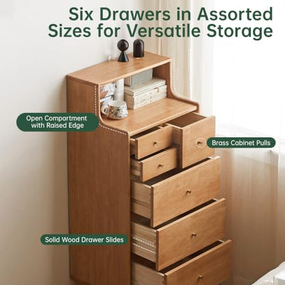 100% Solid Wood Nightstand, 6 Drawer Natural Side Table with Open Shelve, Tall Nightstand for Small Spaces, Living Room, Bedroom, Hallway(Natural, 19" W x 15" D x 47" H) - color: Natural, size: 47" H