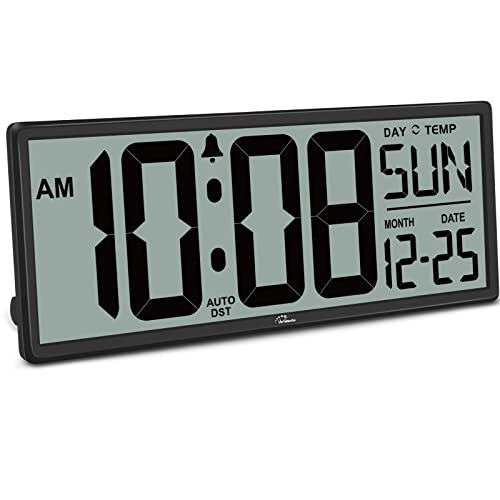 14.5'' Large Digital Wall Clock Battery Operated | Jumbo Numbers, Temperature and Date, Easy to Read and Set, Auto DST, Large Display for Garage, Office, Classroom - color: Black