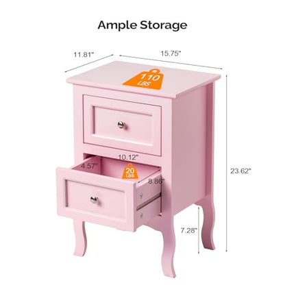 Bonnlo Nightstand Set of 2, Nightstands with 2 Drawers, Bed Side Table/Night Stand, Pink Nightstand, Small Nightstand for Bedroom, College Dorm, Kids’ Room, Living Room, Wood, 16W x 12D x 24H - color: Pink