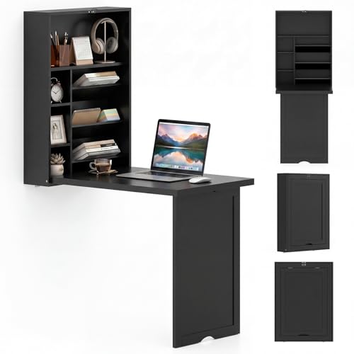 Giantex Wall Mounted Desk, Foldable Convertible Computer Desk with Storage Shelves, Space Saving Fold Out Table, Folding Floating Writing Desk for Small Spaces, Home Office, Bedroom, Apartment (Black) - color: Black