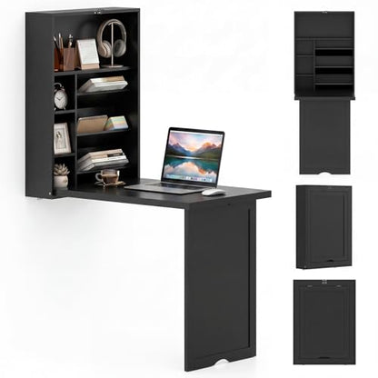 Giantex Wall Mounted Desk, Foldable Convertible Computer Desk with Storage Shelves, Space Saving Fold Out Table, Folding Floating Writing Desk for Small Spaces, Home Office, Bedroom, Apartment (Black) - color: Black