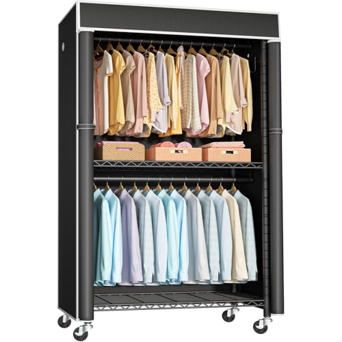 Clothing Rack with Cover, P1C Rolling Closets with Wheels | Metal Garment Rack for Hanging Clothes, Clothing Storage Wardrobe with Cover - color: Black Rack With Black Cover